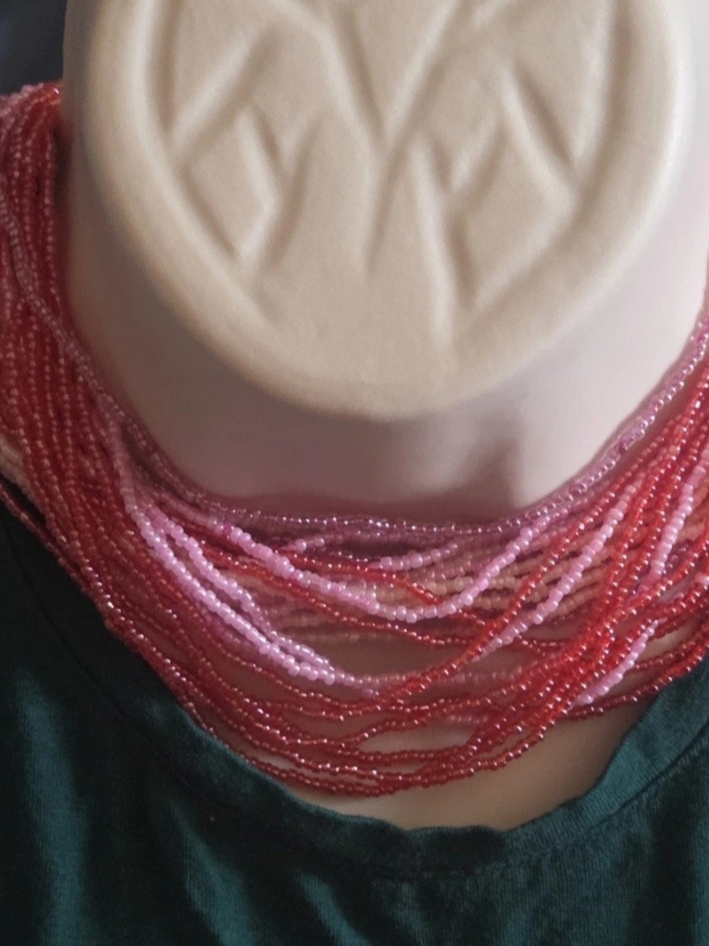 Pink Seed Bead String Choker Necklace 15 Inches Long. Silver Accents.